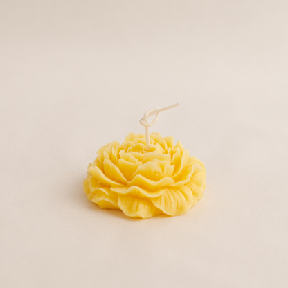 Handmade peony candle made of soy wax in colour yellow with a lead-free wick. Customization options available for decorative candles in UAE at minoocandles dot com