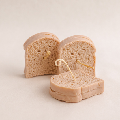 Handmade brown toast slice bread candle made of soy wax. Perfect for birthday or school student event gift ideas, corporate gifts, order today at minoocandles dot com