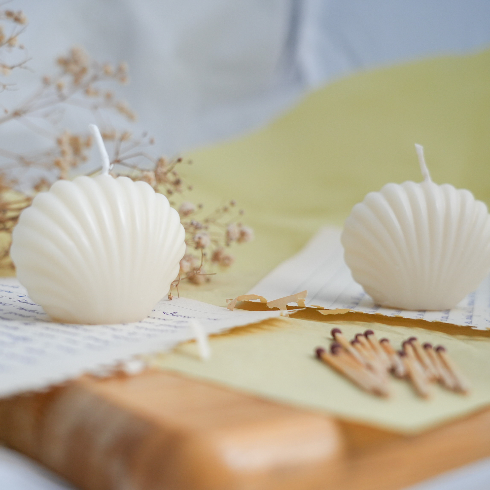 Handmade clam decorative candle soywax in colour ivory. Customization options for wedding favors available for decorative candles in UAE at minoocandles dot com